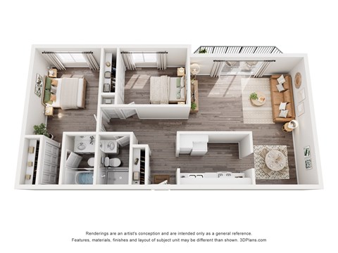 Floor plan for 2 beds, 2 baths, 1223 sqft